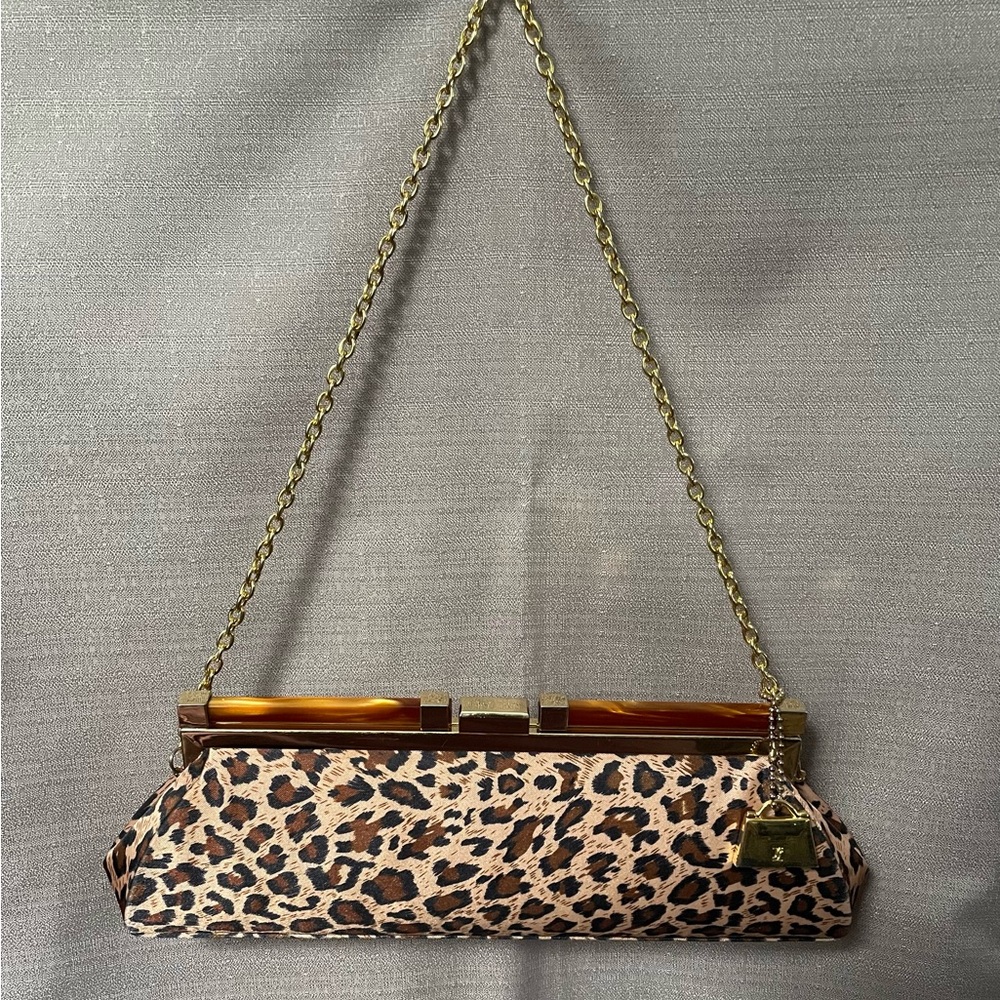 Jeanne Lottie Leopard Satin Evening Bag — Tortoiseshell Lucite Frame, Gold Chain